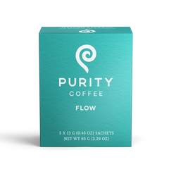 Purity FLOW Medium Roast Single-Serve Coffee Sachets — five-count single-serve coffee sachet carton
