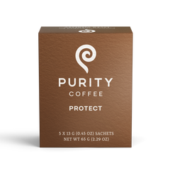Purity PROTECT Light-Medium Single-Serve Coffee Sachets — five-count single-serve coffee sachet carton