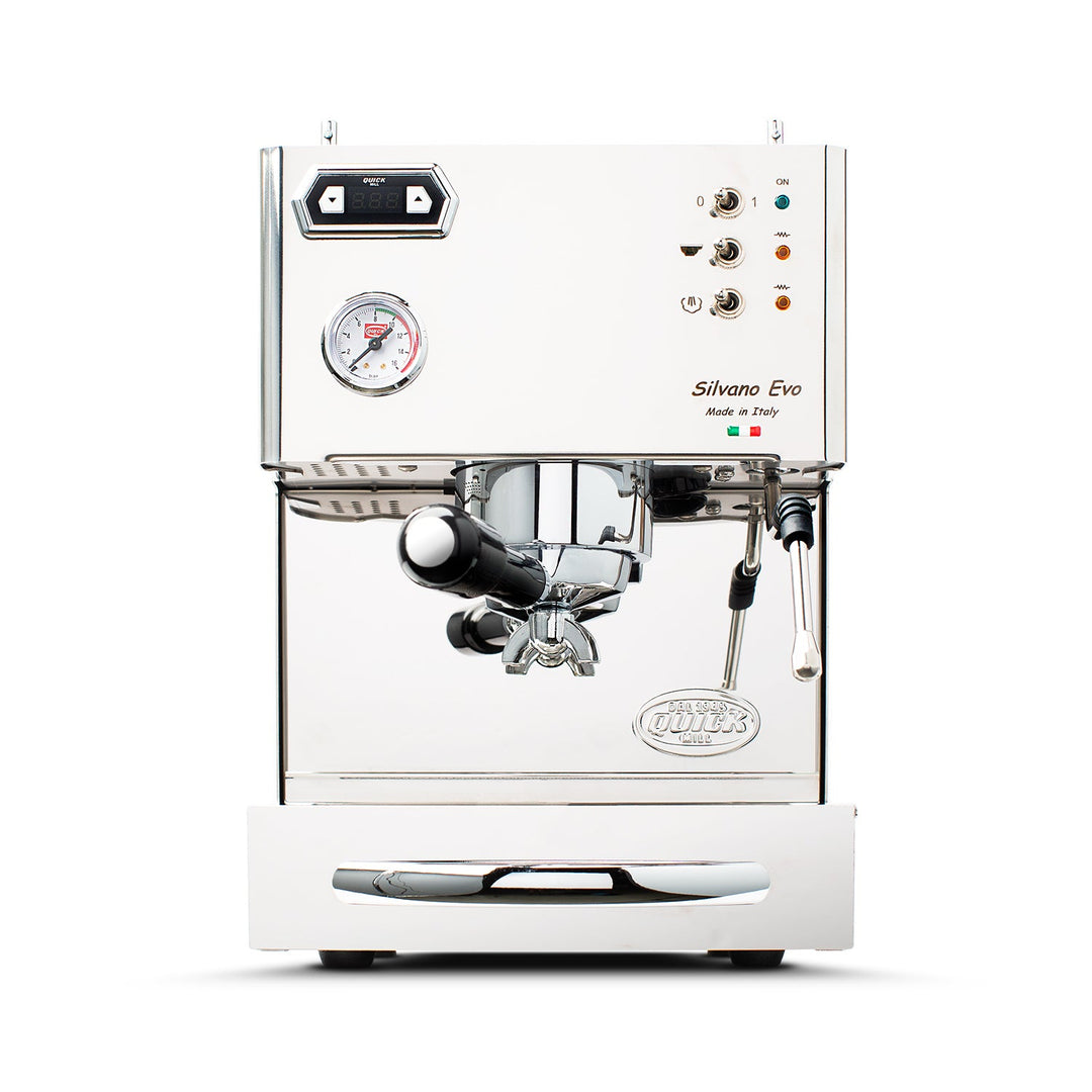 Quick Mill Silvano Evo front view with PID and pressure gauge