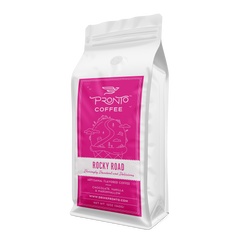 Rocky Road coffee package with chocolate vanilla and marshmallow flavor theme