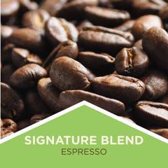 Close-up coffee beans with a green Signature Blend Espresso banner — Tiny Footprint Signature Espresso Medium Roast Coffee