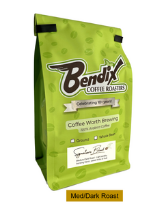 Front of green Bendix Signature Blend Medium-Dark Coffee bag showing its product label