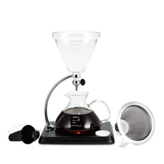 Rear view of Yama Glass Silverton Brewer w/ Black Base & Silver Accents showing brew group