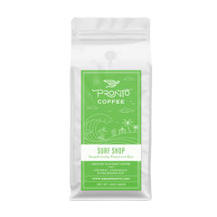 Surf Shop coconut chocolate and macadamia flavored coffee front package