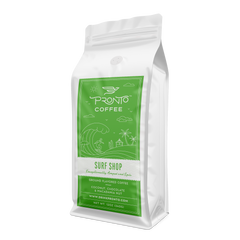 Surf Shop tropical flavored Arabica coffee package side view