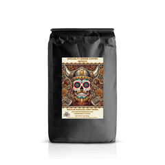 Haluan Mexico coffee in a black bag with decorative skull artwork