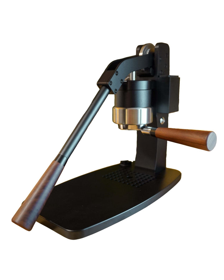 Turin Axis lever espresso machine in black with walnut handles