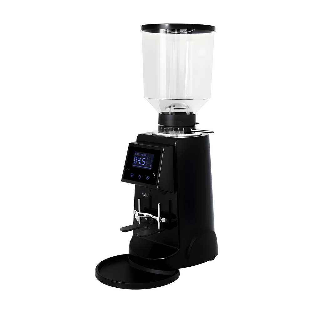 Black Turin CK74 espresso grinder, angled side view