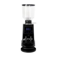 Black Turin CK74 commercial espresso grinder, front view