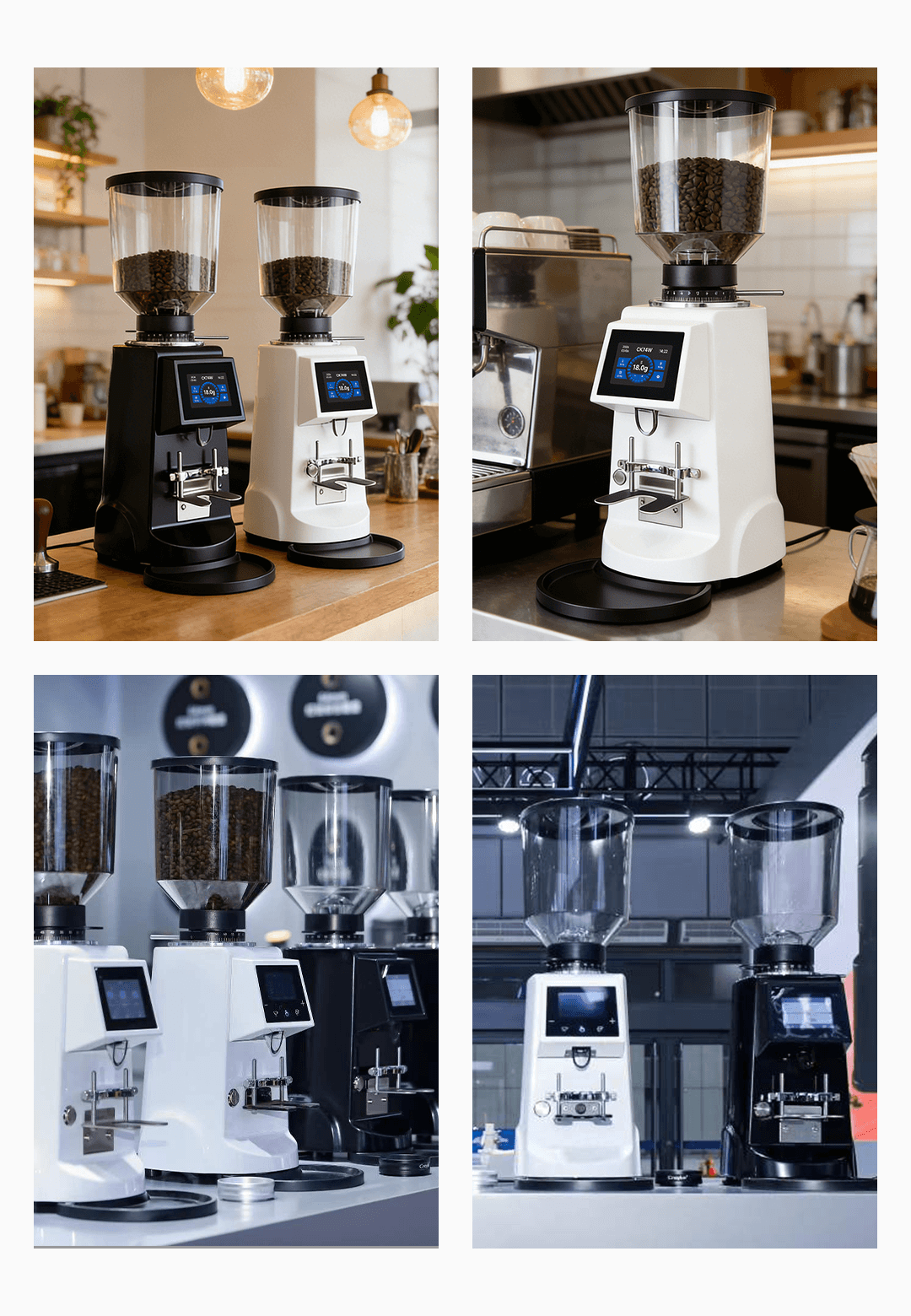 CK74W grinders in black and white in cafe and showroom settings