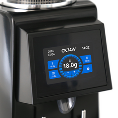 CK74W digital dosing screen showing an 18 gram target and three dose presets