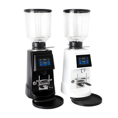 Turin CK74W grind-by-weight grinders in black and white, angled view