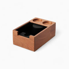 Wood espresso tamping station detail