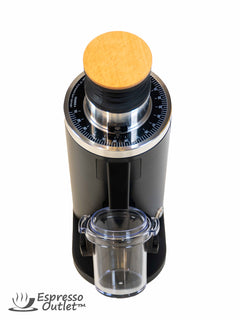 Black Turin DF54 v4.1 grinder front view with transparent dosing cup